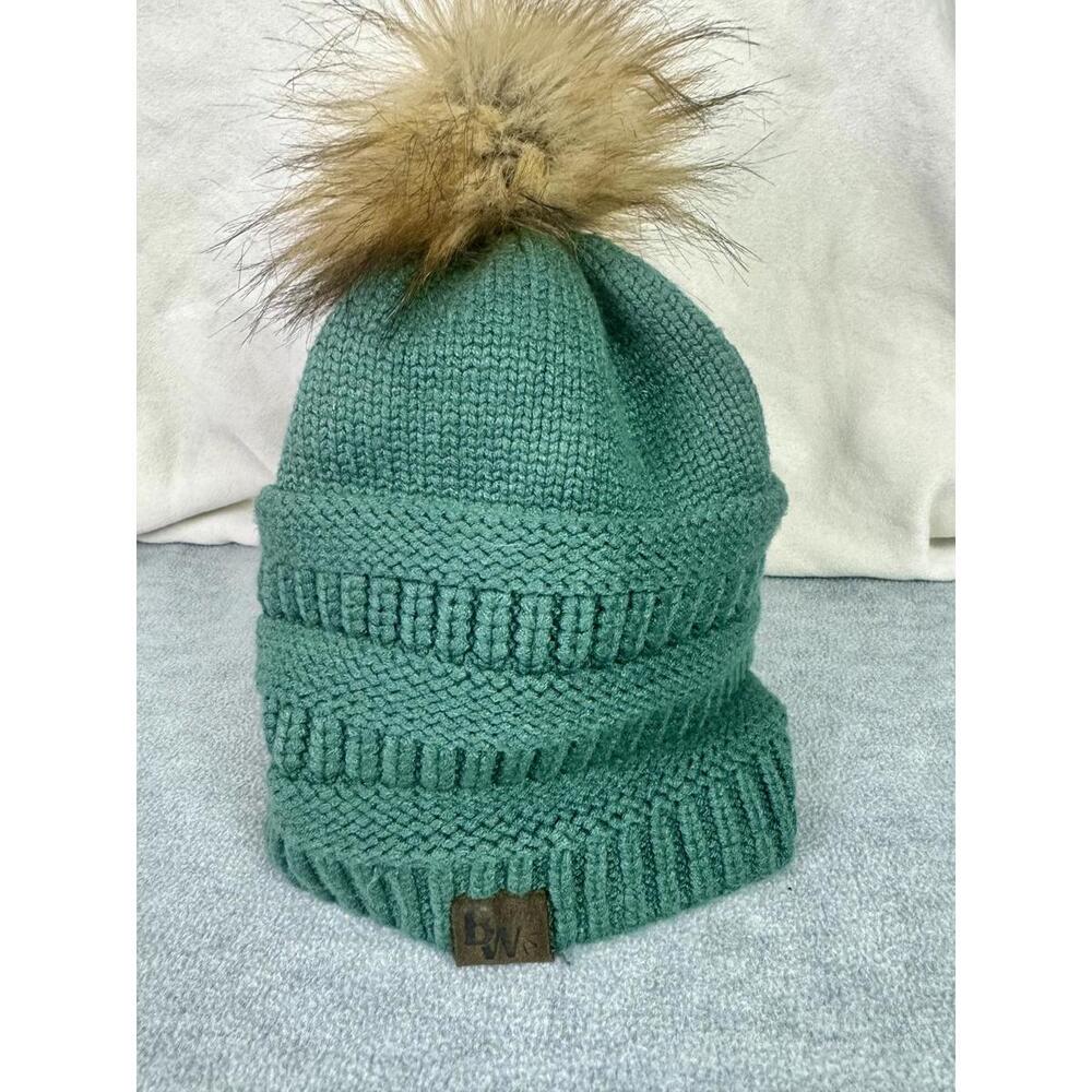 beautifully warm green pom pom beanie winter knit hat satin lined cap